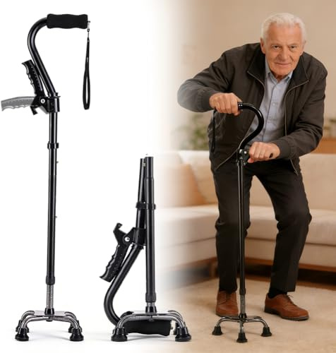 Vikbar promenadkäpp för män och kvinnor, gånghjälpmedel för seniorer med 4-tandsbas, dubbelhandtag, justerbar höjd (75–90 cm), lätt och stabil, teleskoppromenadkäpp för vuxna