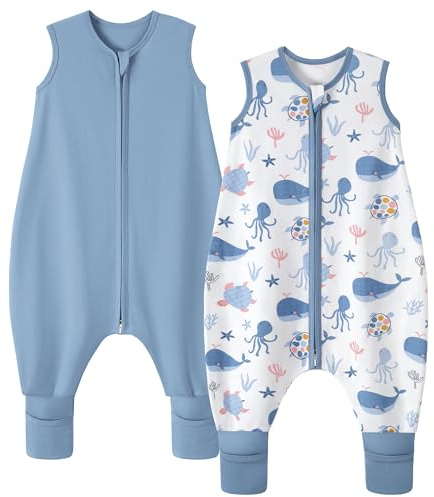 FIEMOL Saco de Dormir Bebe Verano Tog 0,5 Saco de Dormir con Piernas niño 3-4 años 100% Algodón Saquito de Dormir niño con pies Ballena Azul