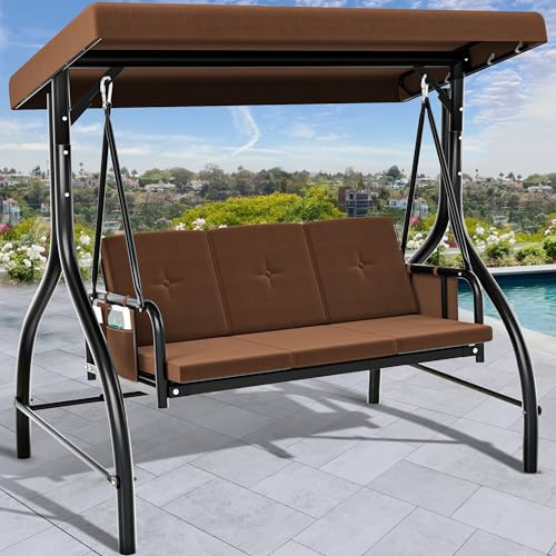 YITAHOME Hollywoodschaukel, 3-Sitzer Gartenschaukel mit Liegefunktion mit Verstellbarem Baldachin und Abnehmbarem Kissen, Geeignet für Erwachsene im Garten, Pool, Balkon, Braun