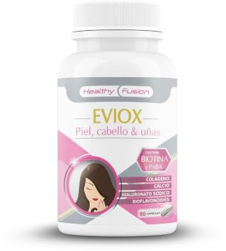 Healthy Fusion Eviox Cabello, Piel & Uñas | Biotina, Paba, Colágeno, Ácido Hialurónico, Calcio | Crecimiento y anticaída cabello | Hidrata la piel y fortalece las uñas | Tratamiento 3 meses | 90 Cáps