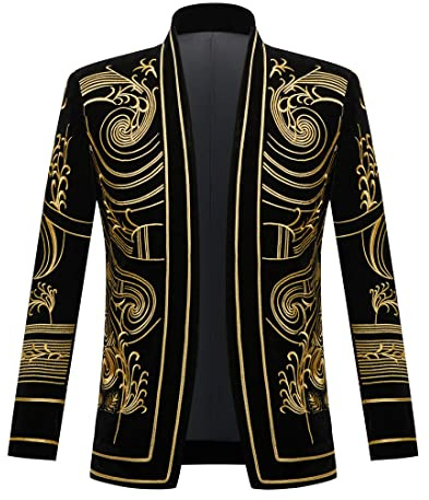 PYJTRL Snygg hovprins-jacka i svart sammet och guld med broderi, blazer, kavaj, gyllene blomma, M