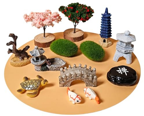 ZEN&TAO Miniature Desktop Zen Garden Accessories, DIY Fairy Miniatures, 12pcs Themed Figures, Japanese Gift Idea, Terrarium, Dollhouse, Bonsai Decorative Craft Kit (12 items), Green