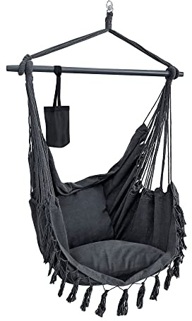 [en.casa] Sedia Amaca con Barra in Legno Cuscini e Portabottiglia Poltrona Sospesa per Uso Esterno Interno Seduta con Frange Decorative Incl. Borsa di Trasporto - Grigio Scuro