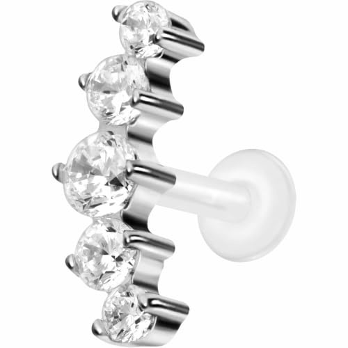 PIERCINGLINE PTFE Labret mit Innengewinde Titan Aufsatz 5 EINGEFASSTE KRISTALLE Piercing Lippe Nase Ohr Helix Tragus Medusa Farb & Größenauswahl