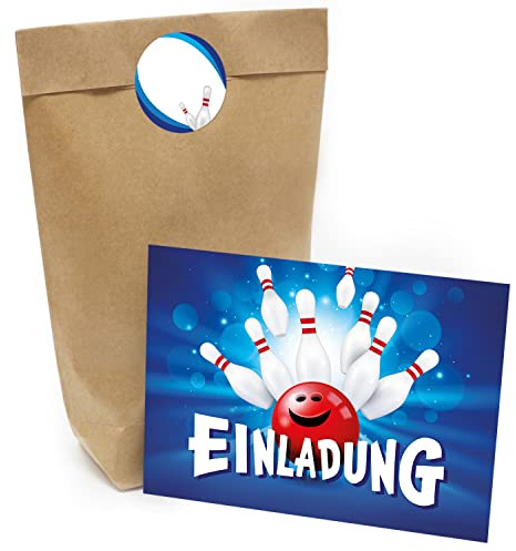 Kindergeburtstag Einladung Set mit je 8 Einladungskarten, 8 Umschlägen, 8 Geschenk-Tüten und 24 Aufklebern – Motiv Bowling Bowlen Pins Pinball Kegeln für Jungen und Mädchen – Made in Germany