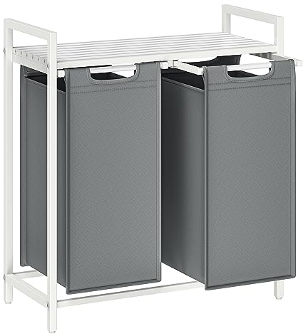 VASAGLE Cesto para Ropa Sucia, Cesta Colada, 2 Bolsas de Tela Oxford Extraíble y Desmontable, Estante, Marco Metálico, 2 x 46 L, 73 x 33 x 72 cm, Gris Pizarra y Blanco Mate BLH201W11
