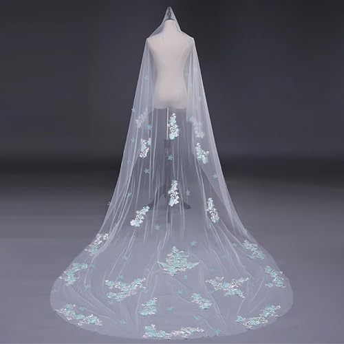TEWAX Brautschleier, weiß/elfenbeinfarben, blaue Blumen, Pailletten, lange Spitze, Hochzeitsschleier, Mantilla, Hochzeitszubehör