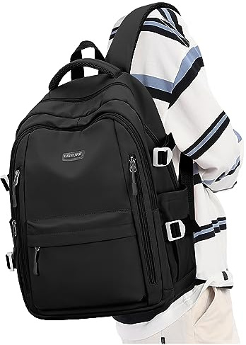 Schulrucksack Mädchen, Lässig Rucksack Damen Klein Modern Elegant Travelite Leichter Laptop Daypack Rucksack 14 Zoll Jungen Teenager Wasserdicht, Aesthetic School Stuff Bag, Schwarz