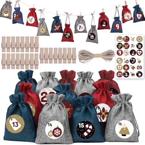 DKDDSSS 24 Calendario Dell'avvento, Riempire Sacchetti Juta Avvento per Bambini, Natale Calendario dell’Avvento Fai Da Te, Decorazioni Natalizie per il Conto Alla Rovescia di Natale