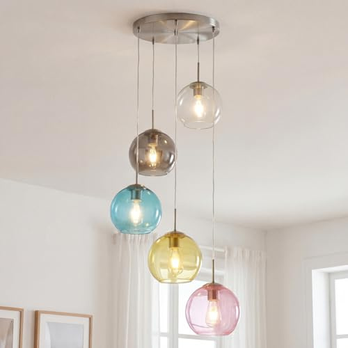 Licht-Erlebnisse Pendelleuchte bunt Glas Ø 50 cm H: max. 1,2 m verstellbar Kugel Schirme 5-flammig E27 Hängelampe Esstisch Wohnzimmer