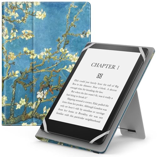 Moko Étui Universel pour Tablette Kindle eReaders Fire de 6, 6,8, 7 - Kobo/Voyaga/Lenovo/Sony Kindle E-Book - Étui à Rabat léger en Similicuir avec dragonne/béquille - Fleur d'abricot