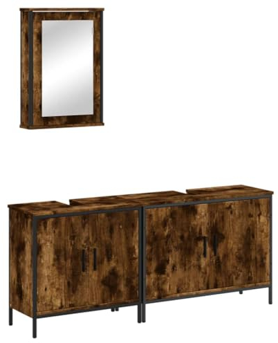 vidaXL Badrumsmöbler set 3 delar rökfärgad ek konstruerat trä, möbelset för badrum, badrumsmöbel, badrumsskåp, möbelset badrum, badrumsmöbler