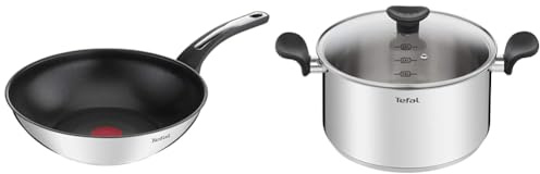 Tefal Emotion Poêle wok 28 cm, Revêtement antiadhésif, Garantie 10 ans, Base épaisse & Faitout 24 cm (5 L) + couvercle verre, Induction, Acier inoxydable haute qualité