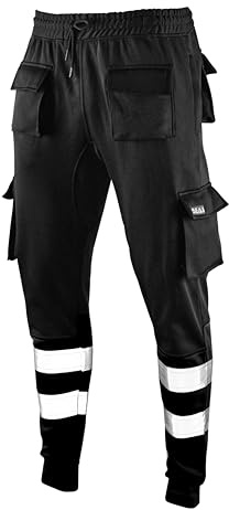 SEA3 Men's Hi Viz Vis High Visibility Fleece Slim Fit Work Cargo Painter Trousers Joggers Bottoms, Black - M