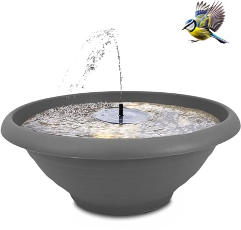 XL Solarbrunnen Set für draußen 55 cm Schale grau - Dekoschale und Schwimmende Solar Springbrunnen Fontäne als Outdoor Wasserspiel - Außen Gartenbrunnen als Balkon Vogeltränke, Garten Vogelbad