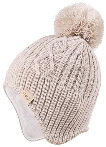 XOMZG Baby Beanie Hat, Winter Warm Knit Cap and Scarf Set with Pom Pom for Girls, Toddler Winter Hat(0-36months) Beige