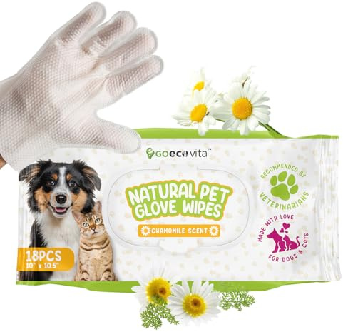 GoEcoVita Pet Deodorizing Glove Wipes for Dogs & Cats | Nourish & Clean Fur & Skin | Coconut Oil & Chamomile Rinse-Free Wipes | Bathing Glove Wipes for Daily Care | Natural, Hypoallergenic (18 Pack)