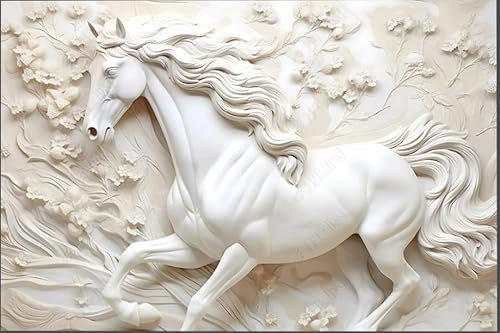 ZYHFDC Papier Peint Panoramique Relief en plâtre du cheval blanc Tableaux Muraux Tapisserie Photo Décoration Murale Salon Chambre 350CM(L)*256CM(H)