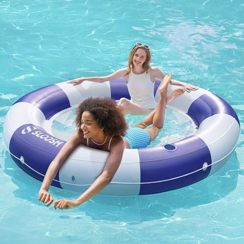 SLOOSH Inflatable Pool Lounger Float with Mesh, 80 x 80 Tanning Pool Floats, Double Lounger Round Ring for Adults, Floating Mat Raft for Lake and Beach with Cup Holder (Navyblue Strpie)