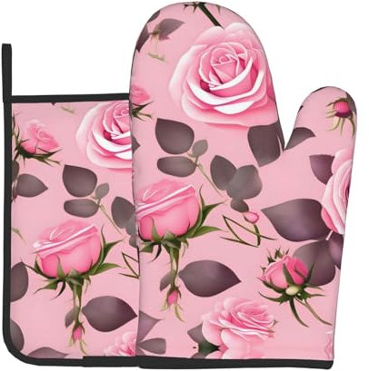WZYWHJ Pretty Roses - Set di guanti da forno e presine per cucinare, forno a microonde, grigliate, resistenti al calore, con cordino