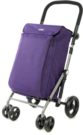 Carlett - Lite Family Lett470 | Shoppingvagn | Hopfällbar vagn för stormarknad | 4 hjul | Justerbart styre och säkerhetsbroms | 58L utdragbar väska | 12L termisk väska | Violett