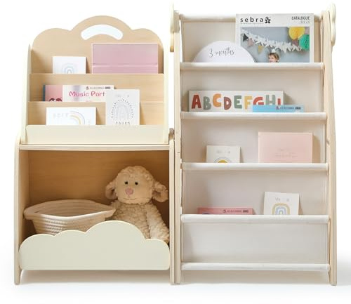 WOODEN TEETHER Kinderregal，3 in1 Kombinierbar Bücherregal für Kinder mit Ablagefächern - Montessori Spielzeugregal für Spielzimmer Kinderzimmer，Modular Storage Bücherregal, 85x30x72cm