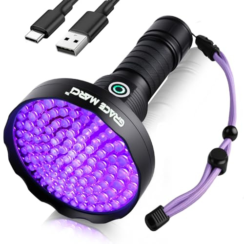 Grace Marci Rechargeable UV Flashlight,128 Led 395nm Black Light, Pet Urine & Stain Detector for Dog/Cat, Bed Bugs, Curing Resin, Durable and Long Lasting