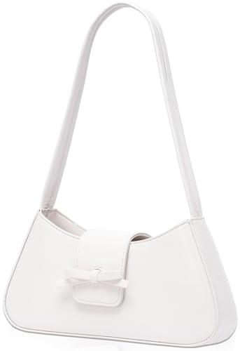 Larcenciel Schultertasche Weiß, Veganes Leder Handtasche mit Reißverschluss, Elegant Umhängetasche Damen Klein mit Kokette Schleife, Mode Y2k Tasche für Frauen Dating Reisen Party Einkaufe, 27x13x5CM