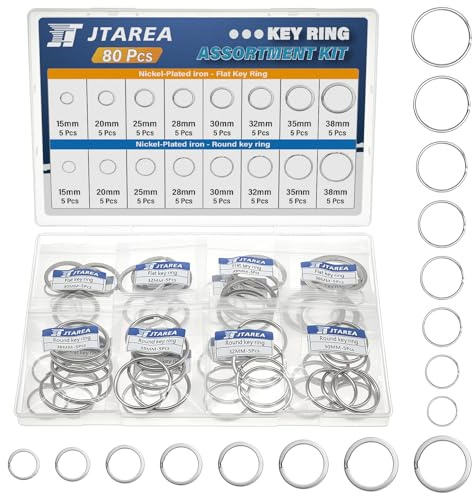 JTAREA 2Tipos 80Piezas Kit de Anillas Llaveros 8Tamaños 15 20 25 28 30 32 35 38 mm Anilla para Llavero Planas Anillo de Llaveros Redondo Argollas Porta Chaves