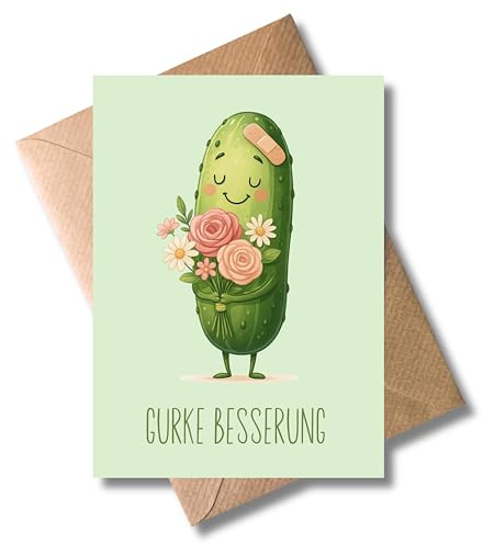 WBdesignz „Gurke Besserung“ – Lustige Genesungskarte mit süßem Gurken-Motiv – Aufmunternde Karte für Krankenbesuche oder Genesungswünsche – Inklusive Kraftpapier-Umschlag (DIN A6)