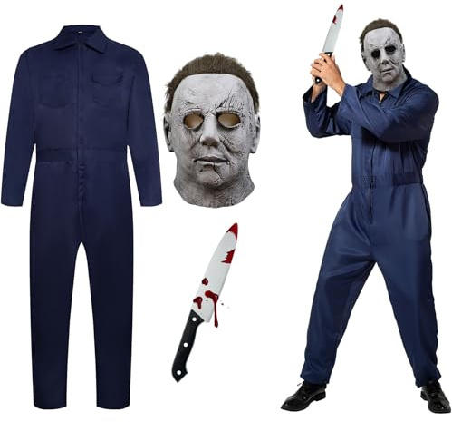 HUTRADE Michael Myers Costume Adulto – Maschera Michael Myers Realistica in Lattice, Tuta Horror Resistente e Coltello Finto, Set Completo Unisex per Halloween, Cosplay, Carnevale e Feste a Tema (L)