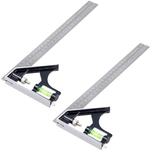 TAICHEUT 2 PCS Precision Combination Square Set 300mm, Dual Metal Carpenters Tools with Engraved Ruler, Accurate Measuring for Woodworking, Engineering