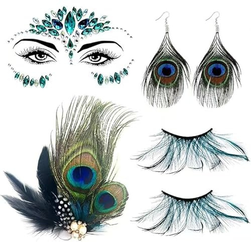 6 Stück Pfau Kostüm Damen Set, Pfauen Kostüm Damen, Glitzersteine Gesicht + Pfauenfedern Haarschmuck + Wimpern + Ohrringe, Pfau Haarschmuck für Fasching, Mottoparty, Cosplay