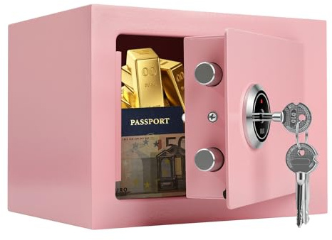 Safe Tresor mit 3 Schlüssel, 23x17x17cm Tresor für Zuhause, Kleine Möbeltresor für Bargeld, Schmuck und Dokumente (Rosa)