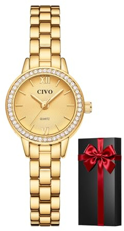 CIVO Reloj Mujer Acero Inoxidable: Esfera en Relieve Concéntrico Relojes Analógico Dorado - Pequeño Cuarzo Impermeable con Diamantes - Regalos Moda para Boda Valentín Aniversario