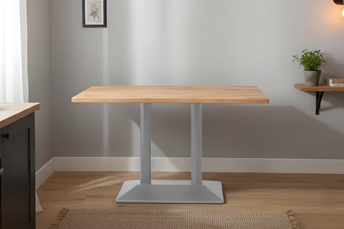 SAM Bistrotisch Joan | 100 x 60 cm rechteckig | Holz | Farbe: Eiche | Baumkante | silbernes doppeltes Säulengestell aus Metall | Säulentisch/Esstisch für Küche, Café & Essbereich