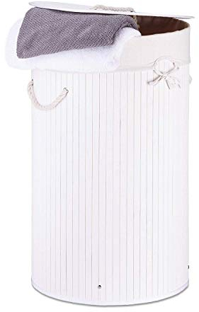 Relaxdays Wäschekorb Bambus, faltbare Wäschetonne mit Deckel, Volumen 70 l, Wäschesack Baumwolle, rund Ø 41 cm, weiß