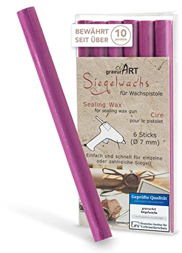 gravurART Siegelwachs flexibel für Wachspistole - Stilvoll Briefe versiegeln mit dem 6er Pack Wachs für Siegelstempel in Magenta - 7 mm