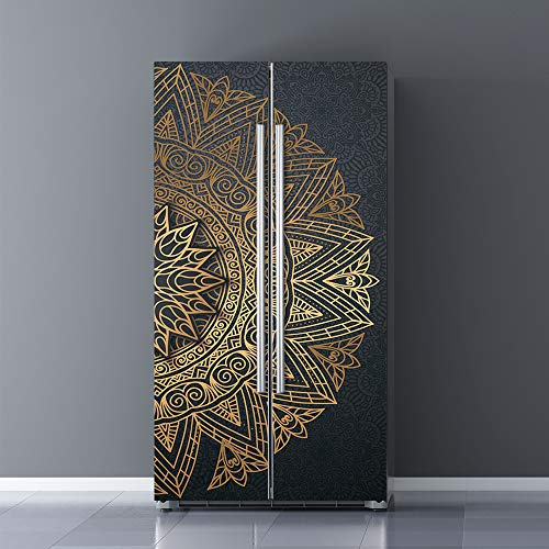 Vintage Art Self Stick Vinyl Door Mural Sticker, Peel and Stick Removable Refrigerator Wrap Decal, Noble Mandala, 32.3x78.7, 2 Pcs Set