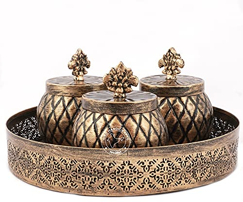 Hind Handicrafts Kupferglas-Set mit Tablett für Trockenfrüchte und Geschenk (antikes Messing)