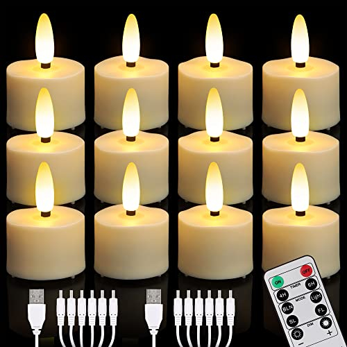 FREEPOWER Lot de 12 Bougies LED Rechargeables USB avec Télécommande, électrique Chauffe Plat avec Minuterie, Flamme Vacillante, Blanc Chaud, Décoration pour Halloween Noël Maison