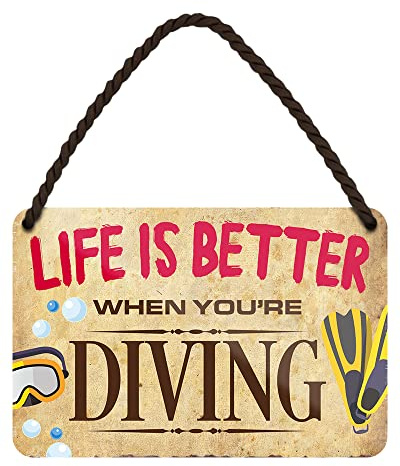 Life is Better When You're Diving - Retro Deko Hängeschild mit Kordel und Saugnapf - Schild für Diver Taucher Schnorchler Apnoetaucher - 18x12cm