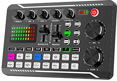 Hahhhha Audio Mixer Card Voice Changer, Audio Mixer DJ Mixer Board Adapter, DJ Equipment Streaming Podcast Scheda audio compatibile Bluetooth per telefono Computer Scheda audio Live con luce LED