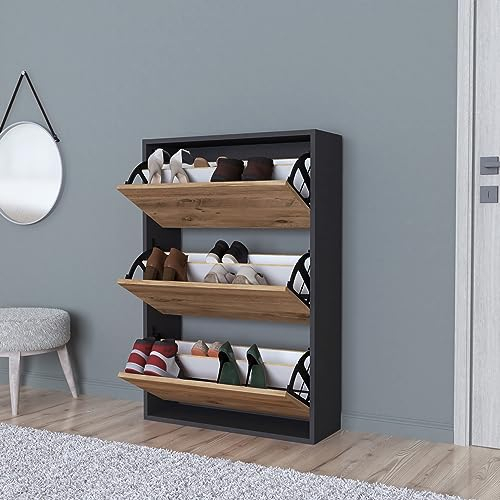 [en.casa] Schuhschrank Aurskog Schuhkipper für 18 Paare Schuhkommode mit 3 Kipptüren für Eingang, Flur 110 x 73,5 x 24 cm Anthrazit/Eiche