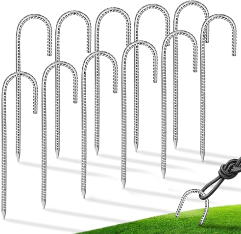 EFUTURETIME 12 x Piquetas Camping Suelo Duro 30cm Clavijas para Tienda de Campaña Ø8mm, Estacas de Suelo Galvanizado de Acero en J para Toldos, Trampolín, Jardín, Redes de Fútbol