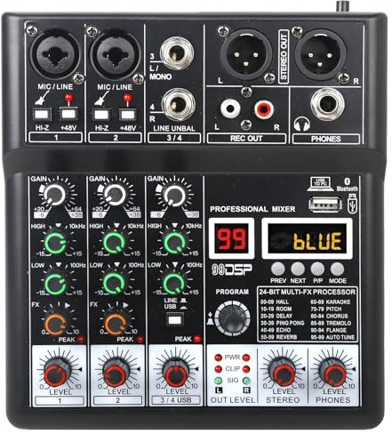 Dj Mixers, 4 Channel Audio Mixer, Sound Board with Bluetooth Player, Usb Audio Interface with 48V Phantom Power, Sounds Mixer Board with 99 DSP FX Reverb Delay Effect