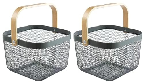 Sarmini 2er-Set Obstkorb für Küche Theke Aufbewahrungskorb Erntekorb mit Griff Gartenkorb Gemüsekorb Rechteck Metall Mesh Korb (Grau, Quadrat)