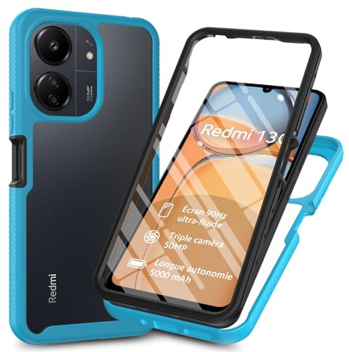 RonRun Funda para Xiaomi Redmi 13C/Poco C65 con Protector de Pantalla Incorporado, Protección de 360 ° Anti Choque Transparente Carcasa Compatible con Xiaomi Redmi 13C/Poco C65 Azul Claro