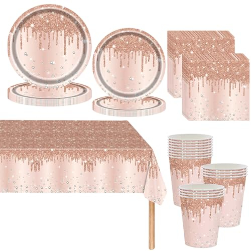 Rose Gold Shiny Glitter Diamond Party Tableware for Women/Girls,81pcs Rosegold Birthday Dinnerware Paper Plates Cups Napkins and Tablecloth Set for Her Birthday Gifts Party Supplies Table Décor