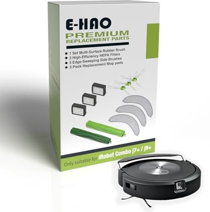 E-HAO Staubsauger-Ersatzteile für iRobot Roomba Combo j7+, j9+, Max 10 Modelle, 1 Set Gummiwalze, 3 Wiederverwendbare Wischpads, 3 HEPA-Filter und 3 Kantenwischbürsten